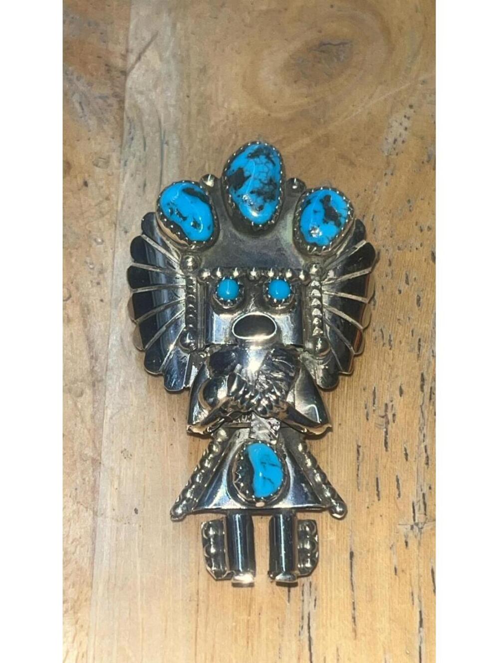 Navajo Natural turquoise kachina sterling silver traditional cluster bolo tie